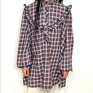 Girls Vintage Plaid Shift Dress Long Sleeves Ruffle Detail Yoke Tie Size 11/12